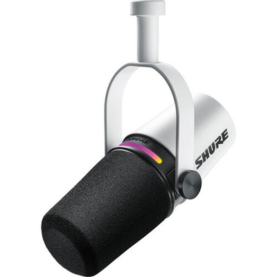 Paquete de micrófono Shure MV7+-W para podcasts XLR/USB con soporte de escritorio Gator (Blanco)