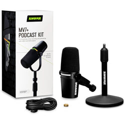Paquete de micrófono Shure MV7+-K para podcasts XLR/USB con soporte de escritorio Gator (negro)