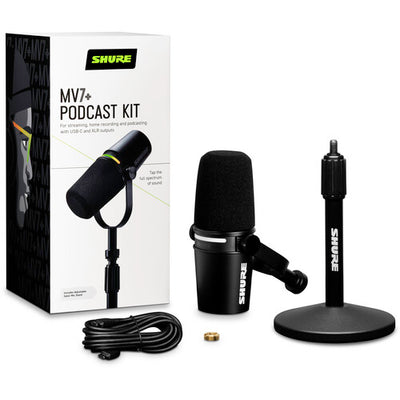 Paquete de micrófono Shure MV7+-K para podcasts XLR/USB con soporte de escritorio Gator (negro)