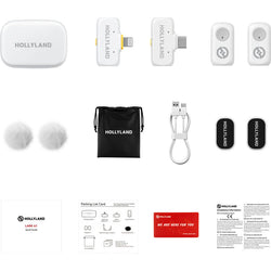 Sistema de micrófono inalámbrico Hollyland LARK A1 Combo para 2 personas con conectores USB-C y Lightning para dispositivos móviles (blanco marfil, 2.4 GHz)