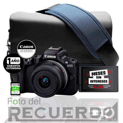 Canon Kit R50 (Paquete EOS R50 RF-S 18-45mm + Mochila CB-SB100-BL BP + Tarjeta SD 64GB + Garantía extendida)