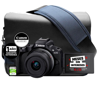 Canon Kit R50 (Paquete EOS R50 RF-S 18-45mm + Mochila CB-SB100-BL BP + Tarjeta SD 64GB + Garantía extendida)