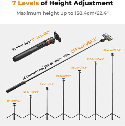 Trípode y palo selfie para teléfono K&F Concept MS08 de 62''/1.58 m