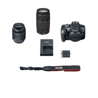 Cámara DSLR Canon EOS Rebel T7 con lentes de 18-55mm y 75-300mm