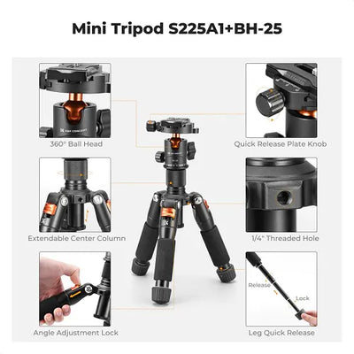 Mini Tripie 360° K&F Concept de escritorio para Cámara y Soporte para Celular (MOD S225A0+BH+25L)