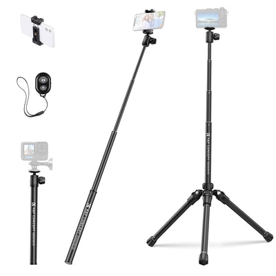 K&F Concept E224A3+BH-18 Tripie portátil de aluminio con abrazadera para teléfono y control remoto de obturador bluetooth para teléfonos móviles