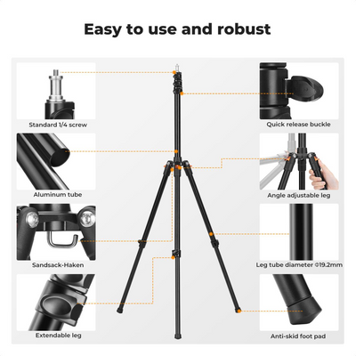 Soporte de iluminación plegable K&F CONCEPT de 2.0 m en aluminio con tornillo de 1/4" y bolsa - para aros de luz, softboxes, etc.