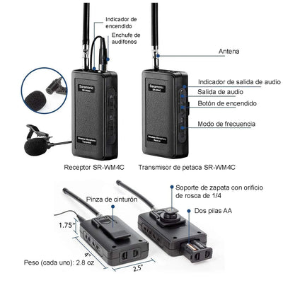 Saramonic SR-WM4C VHF Sistema de micrófono inalámbrico Omni Lavalier con montaje en cámara (203, 207, 211, 215 MHz)